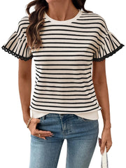 Women's Knit Striped Color Block Ruffled Short Sleeve Top
