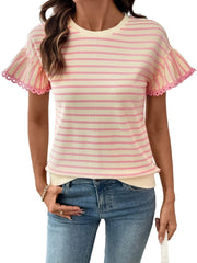 Women's Knit Striped Color Block Ruffled Short Sleeve Top