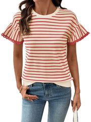 Women's Knit Striped Color Block Ruffled Short Sleeve Top