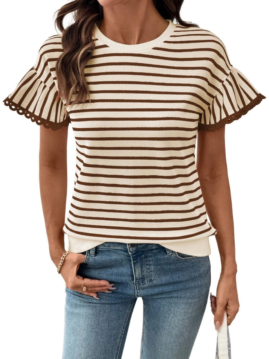 Women's Knit Striped Color Block Ruffled Short Sleeve Top