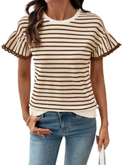 Women's Knit Striped Color Block Ruffled Short Sleeve Top