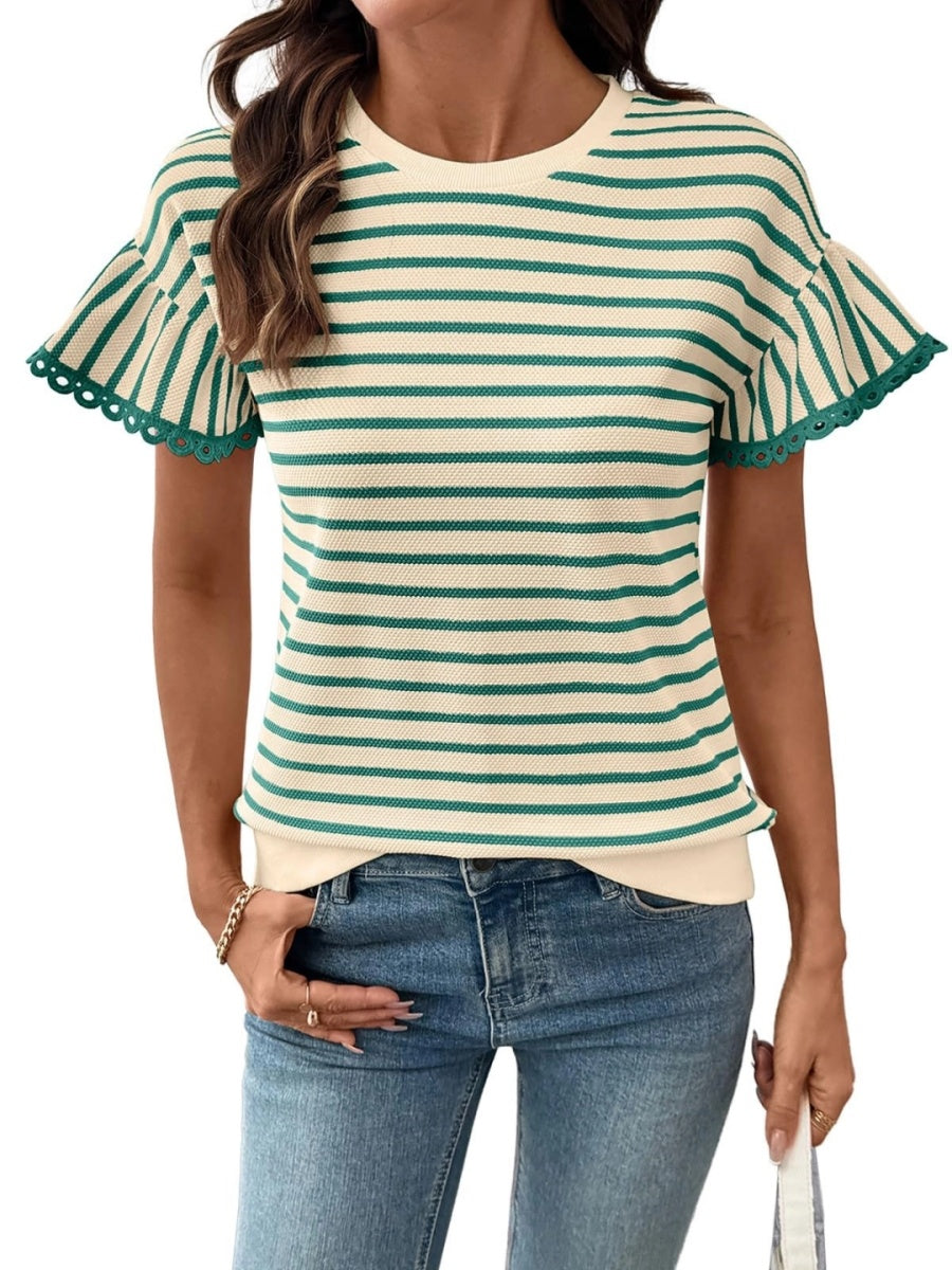 Women's Knit Striped Color Block Ruffled Short Sleeve Top