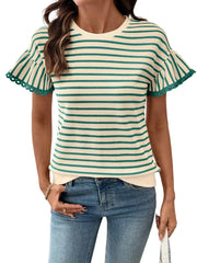 Women's Knit Striped Color Block Ruffled Short Sleeve Top