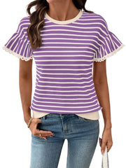 Women's Knit Striped Color Block Ruffled Short Sleeve Top