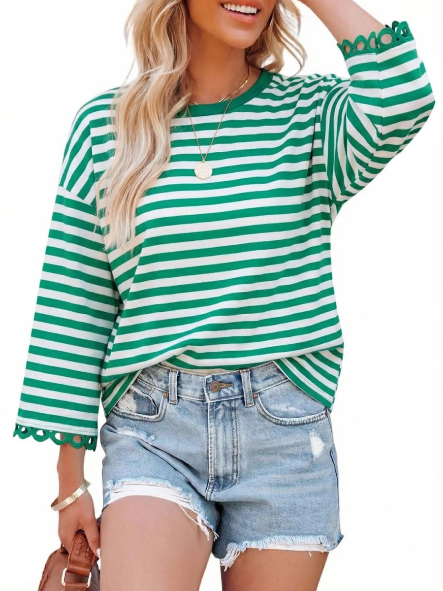 Women's Crewneck Striped Cute Color Block 3/4 Sleeve Blouse