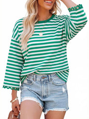 Women's Crewneck Striped Cute Color Block 3/4 Sleeve Blouse