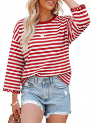Women's Crewneck Striped Cute Color Block 3/4 Sleeve Blouse