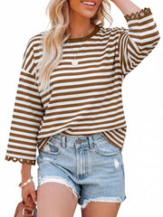 Women's Crewneck Striped Cute Color Block 3/4 Sleeve Blouse