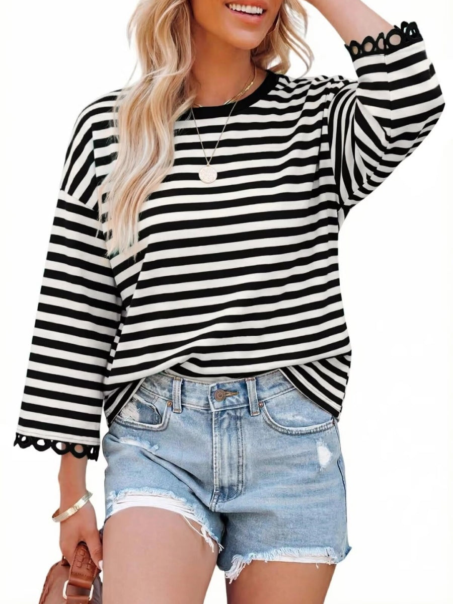 Women's Crewneck Striped Cute Color Block 3/4 Sleeve Blouse