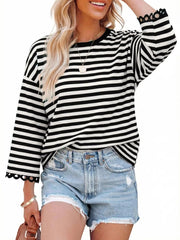 Women's Crewneck Striped Cute Color Block 3/4 Sleeve Blouse