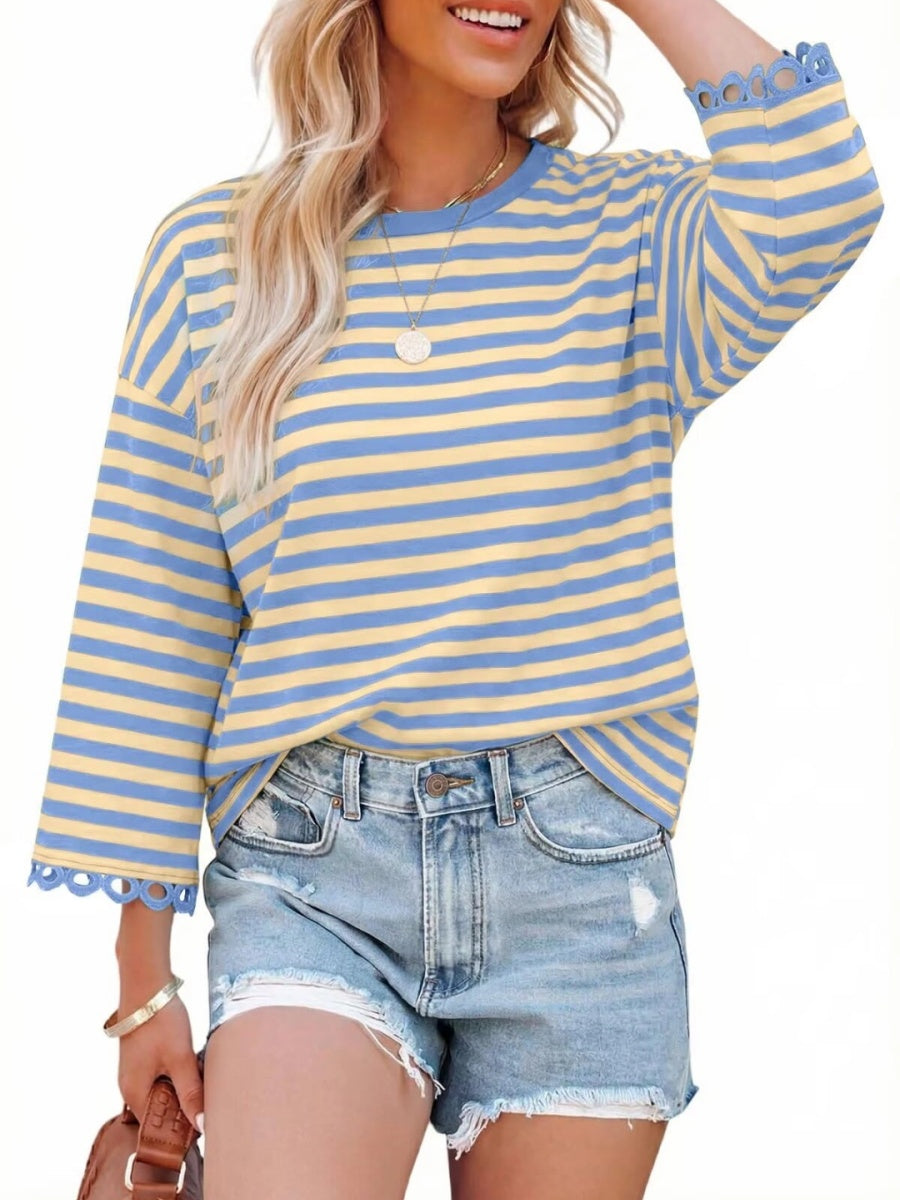 Women's Crewneck Striped Cute Color Block 3/4 Sleeve Blouse