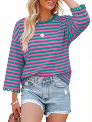 Women's Crewneck Striped Cute Color Block 3/4 Sleeve Blouse