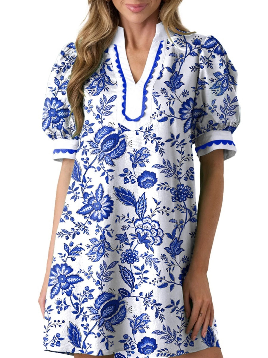 Women's Floral Print V Neck Ricrac Trim Puff Sleeve Dress