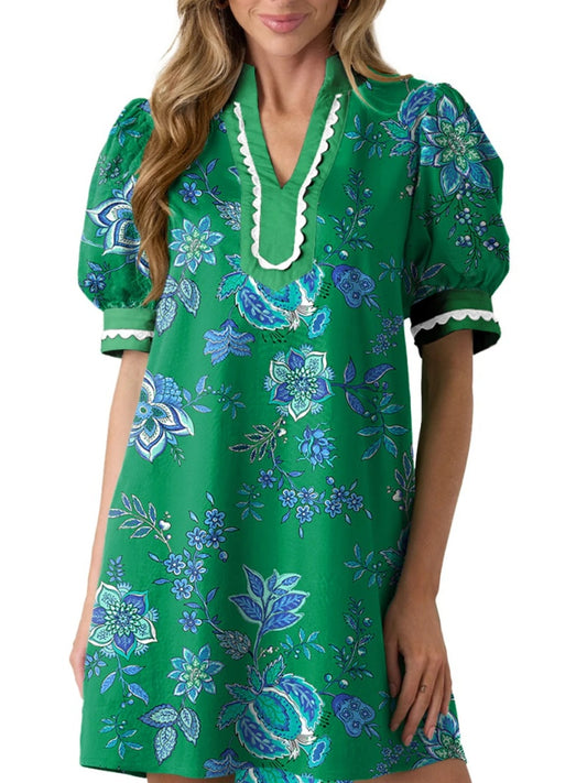 Women's Floral Print V Neck Ricrac Trim Puff Sleeve Dress