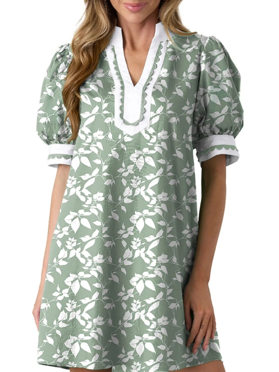 Women's Floral Print V Neck Ricrac Trim Puff Sleeve Dress