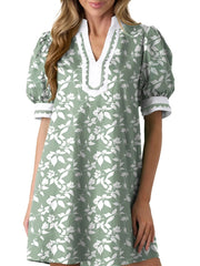 Women's Floral Print V Neck Ricrac Trim Puff Sleeve Dress