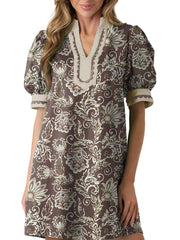 Women's Floral Print V Neck Ricrac Trim Puff Sleeve Dress