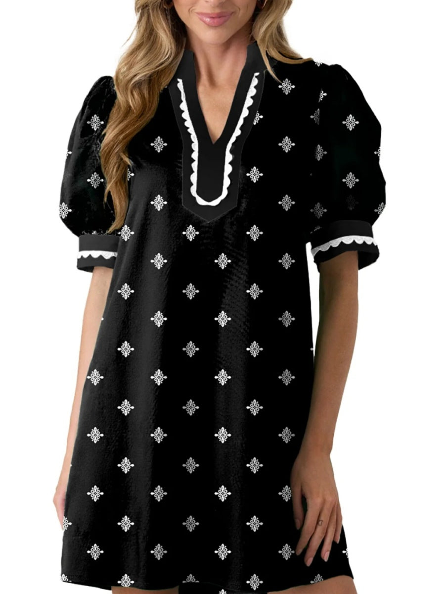 Women's Floral Print V Neck Ricrac Trim Puff Sleeve Dress