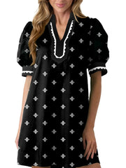 Women's Floral Print V Neck Ricrac Trim Puff Sleeve Dress