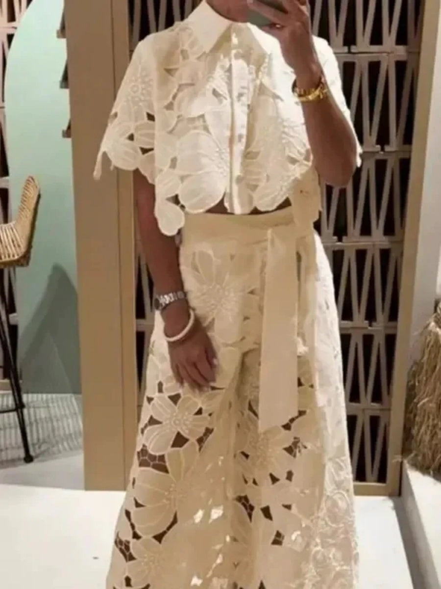 Women's Floral Eyelet Lace Crop Shirt & Wide Leg Pants 2 Piece Set