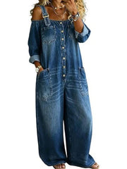 Women's Vintage Washed Off Shoulder Denim Wide Leg Overalls