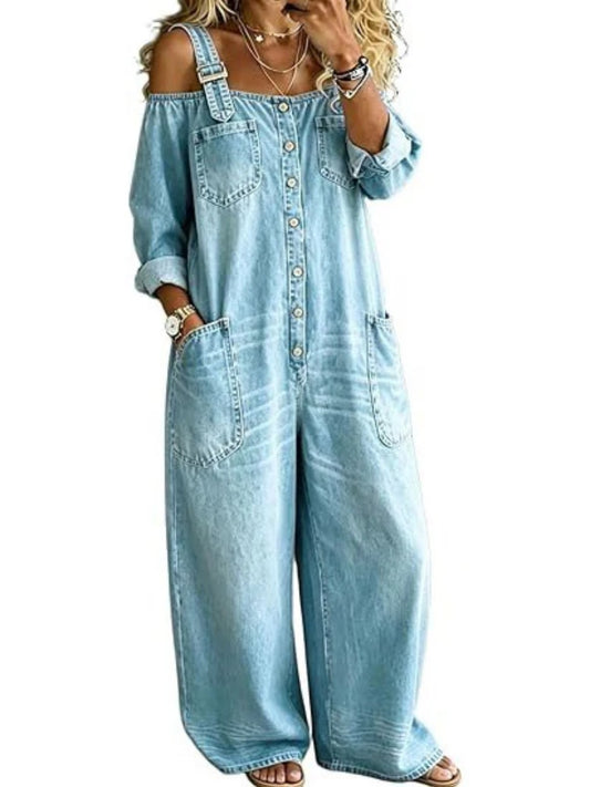 Women's Vintage Washed Off Shoulder Denim Wide Leg Overalls