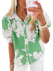 Women's Puff Sleeve Floral Print Button Down Shirts