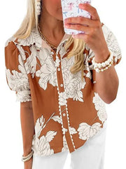 Women's Puff Sleeve Floral Print Button Down Shirts