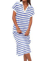 Women's V Neck Side Slit Striped Maxi Dress