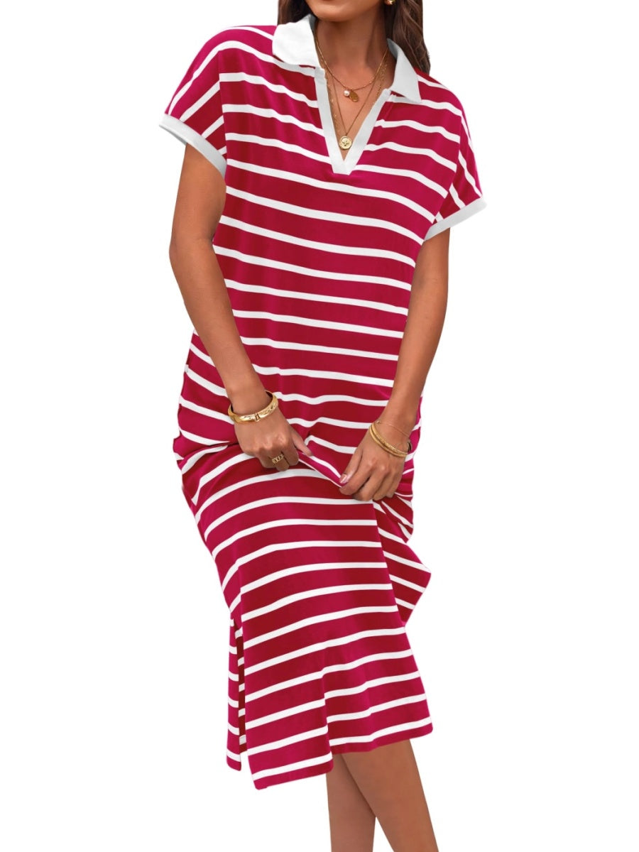 Women's V Neck Side Slit Striped Maxi Dress