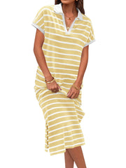 Women's V Neck Side Slit Striped Maxi Dress