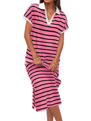 Women's V Neck Side Slit Striped Maxi Dress
