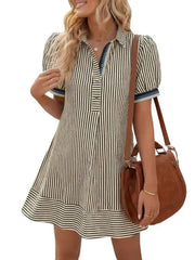 Women's Collar Half Button Casual Striped Dress