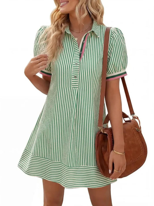 Women's Collar Half Button Casual Striped Dress