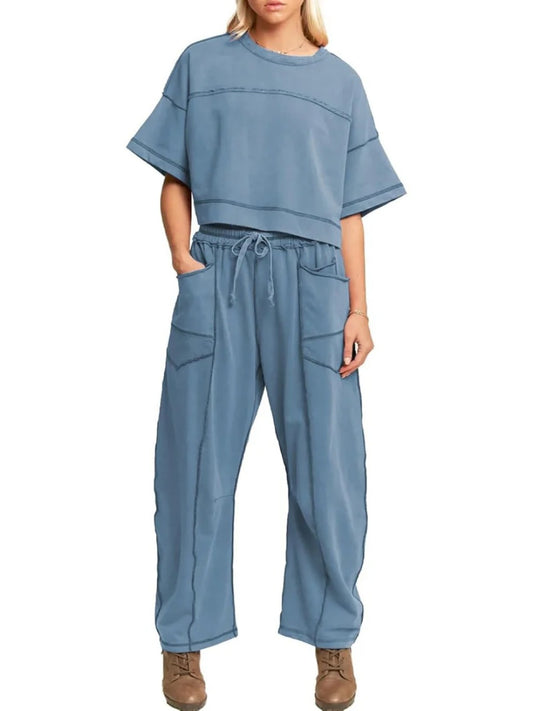 Women's Two Piece Sweatsuit Set with Cropped Top and Wide Leg Pants