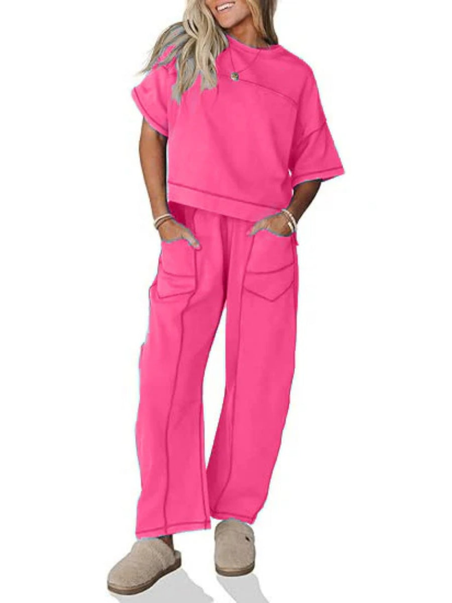 Women's Two Piece Sweatsuit Set with Cropped Top and Wide Leg Pants