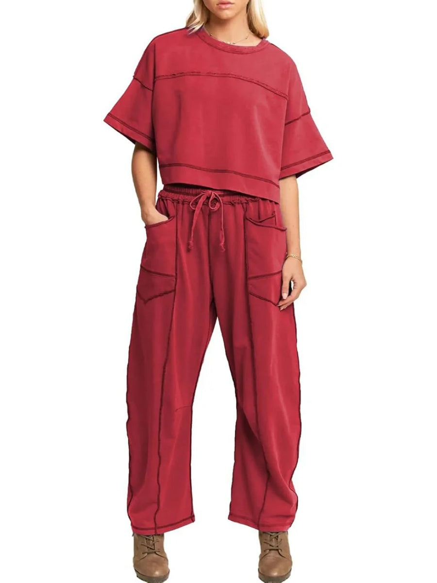 Women's Two Piece Sweatsuit Set with Cropped Top and Wide Leg Pants