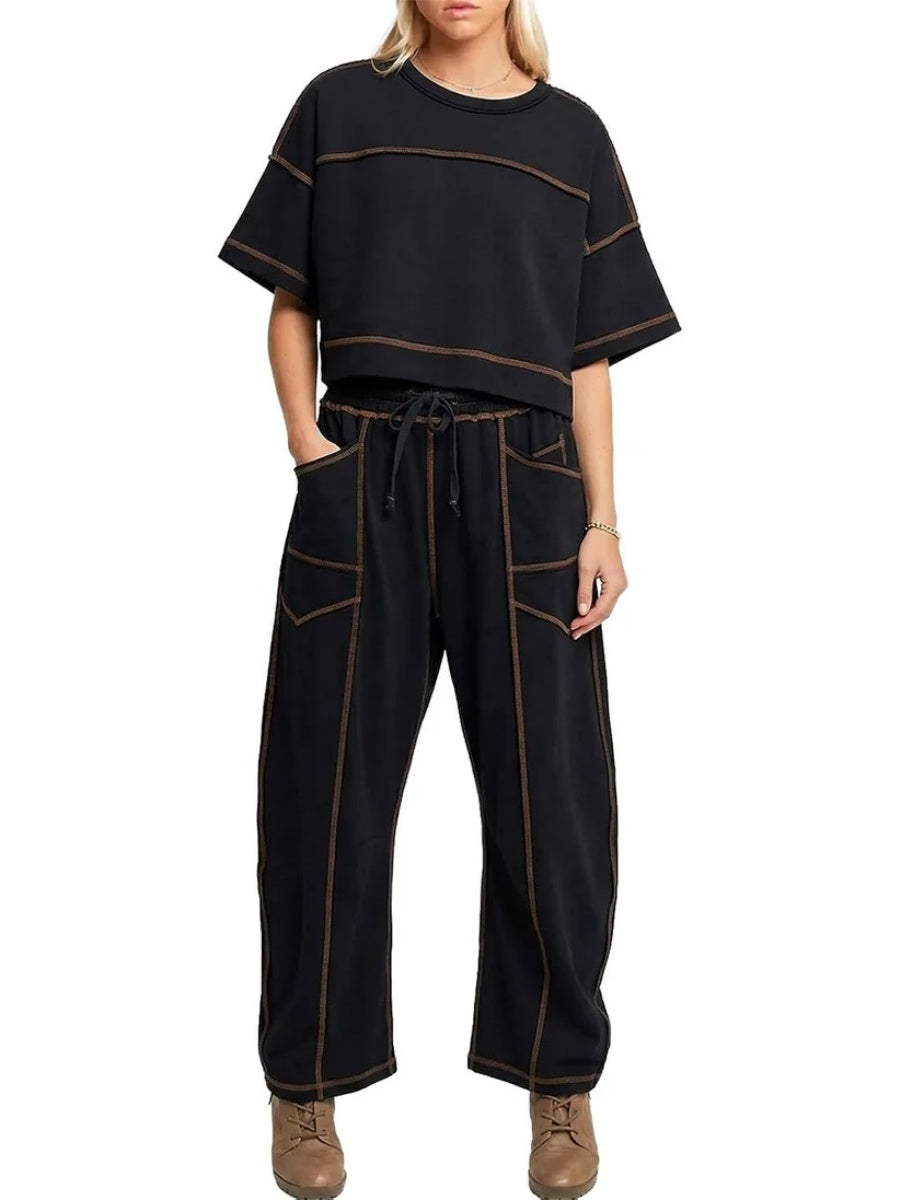Women's Two Piece Sweatsuit Set with Cropped Top and Wide Leg Pants
