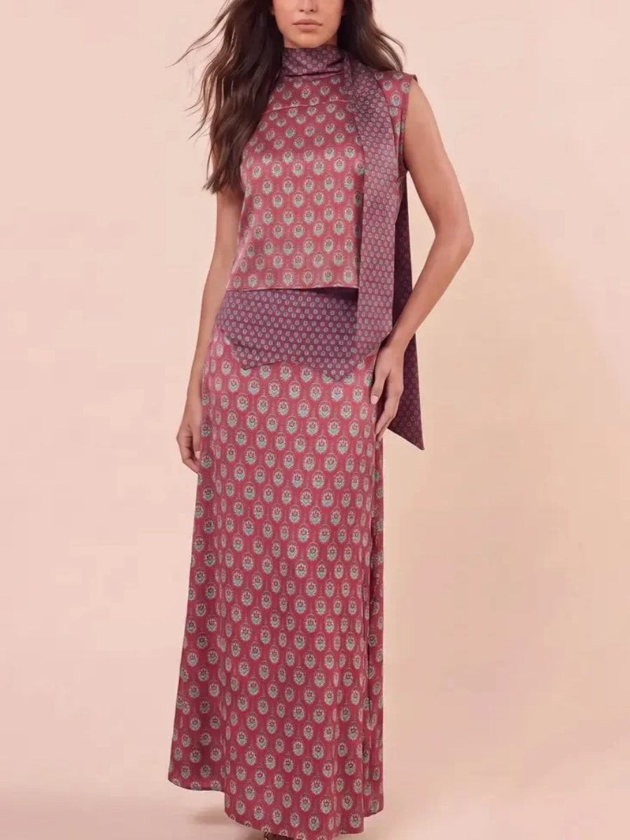 Women's Tie Neck Satin Print 2 Piece Set