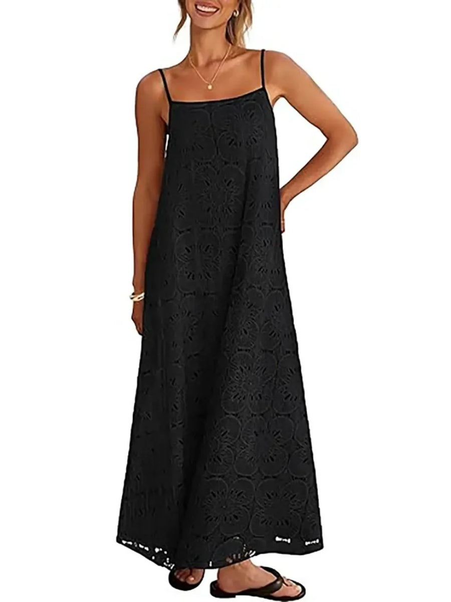 Women's Spaghetti Strap Floral Eyelet Maxi Dress