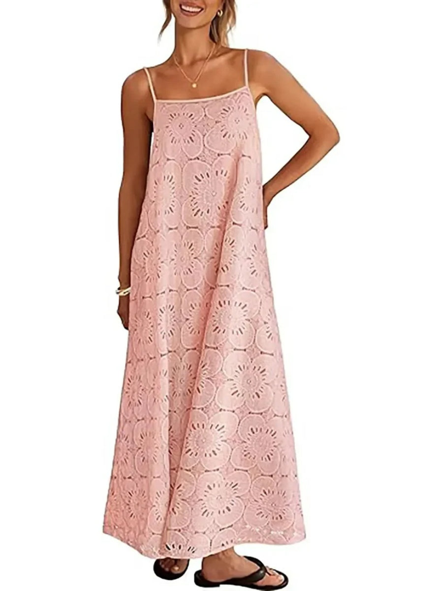 Women's Spaghetti Strap Floral Eyelet Maxi Dress