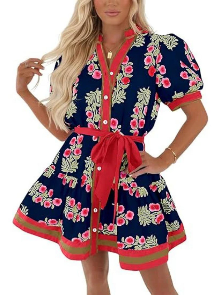 Women's Contrast Trim Floral Waist Tie Dress