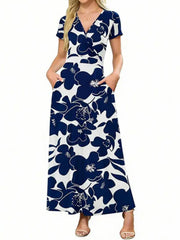 Women's V Neck Floral Print Flowy Maxi Dress with Pockets