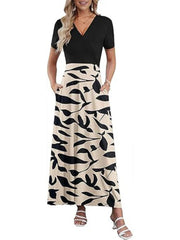 Women's V Neck Floral Print Flowy Maxi Dress with Pockets