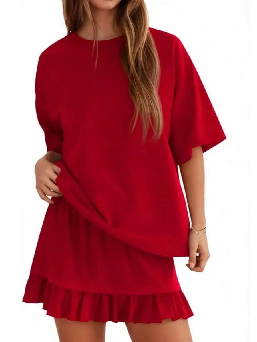 Women's Summer Relaxed Fit Ruffle Hem Short Two Piece Outfit Set