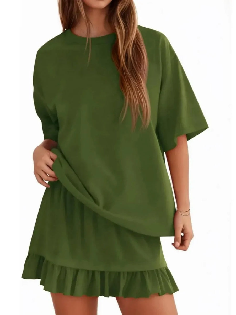 Women's Summer Relaxed Fit Ruffle Hem Short Two Piece Outfit Set