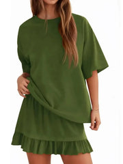Women's Summer Relaxed Fit Ruffle Hem Short Two Piece Outfit Set