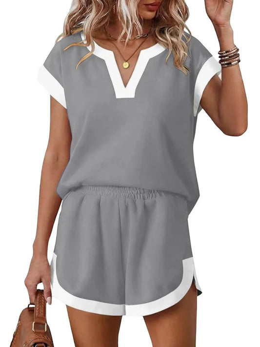 Women's Contrast V Neck Matching Short Set