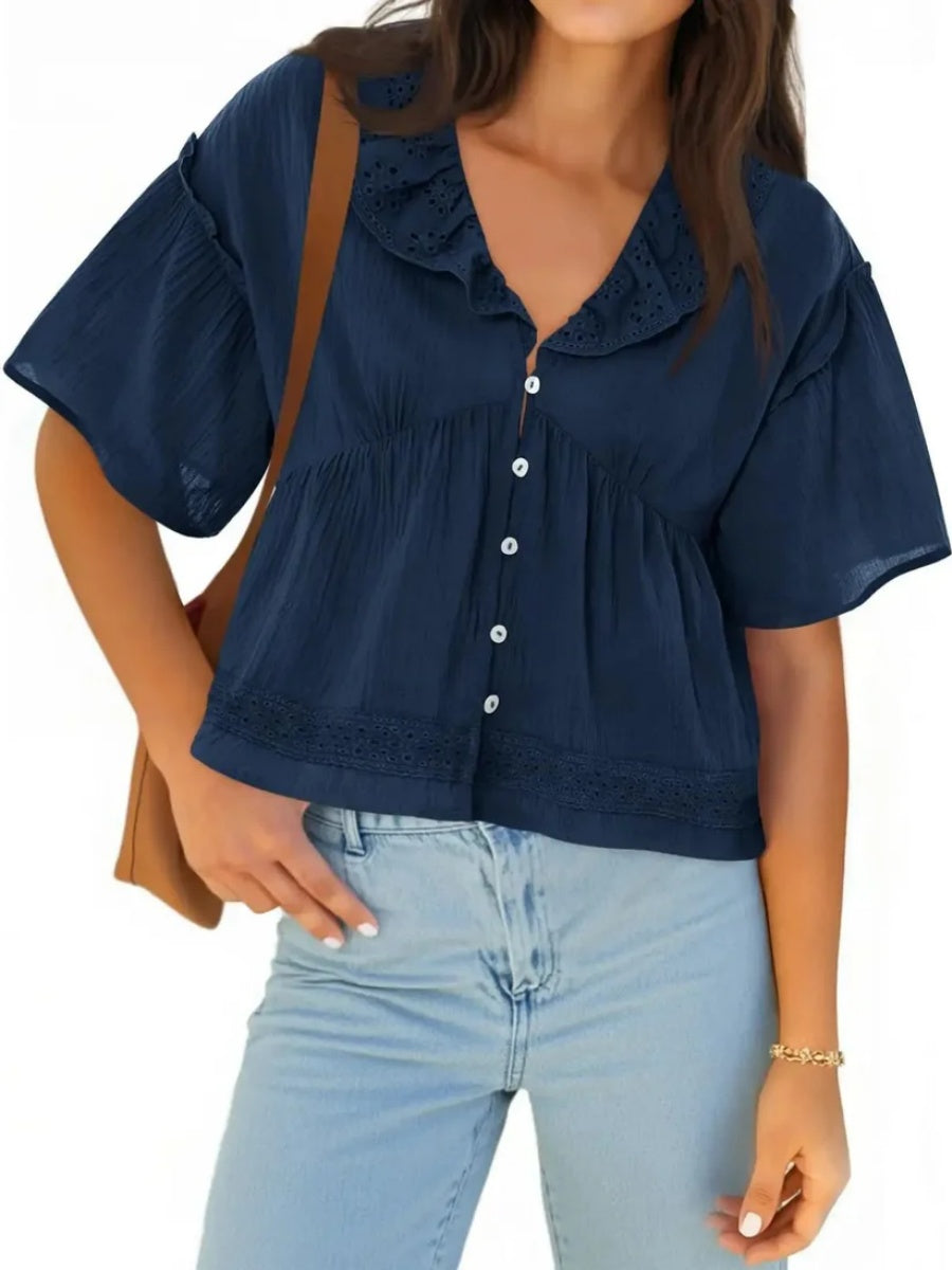 Women's Boho Eyelet V Neck Short Sleeve Top