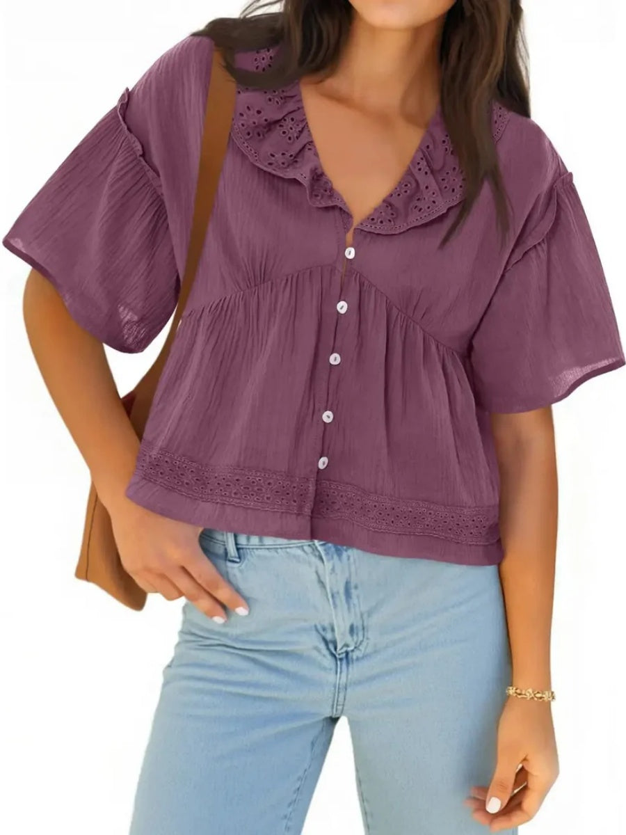 Women's Boho Eyelet V Neck Short Sleeve Top